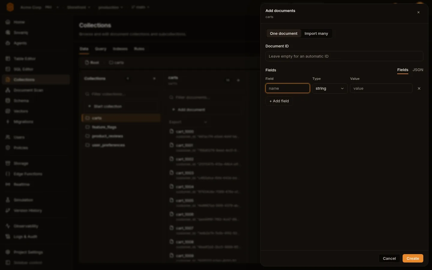 Add documents panel with one row per field: name, type and value, and Add field