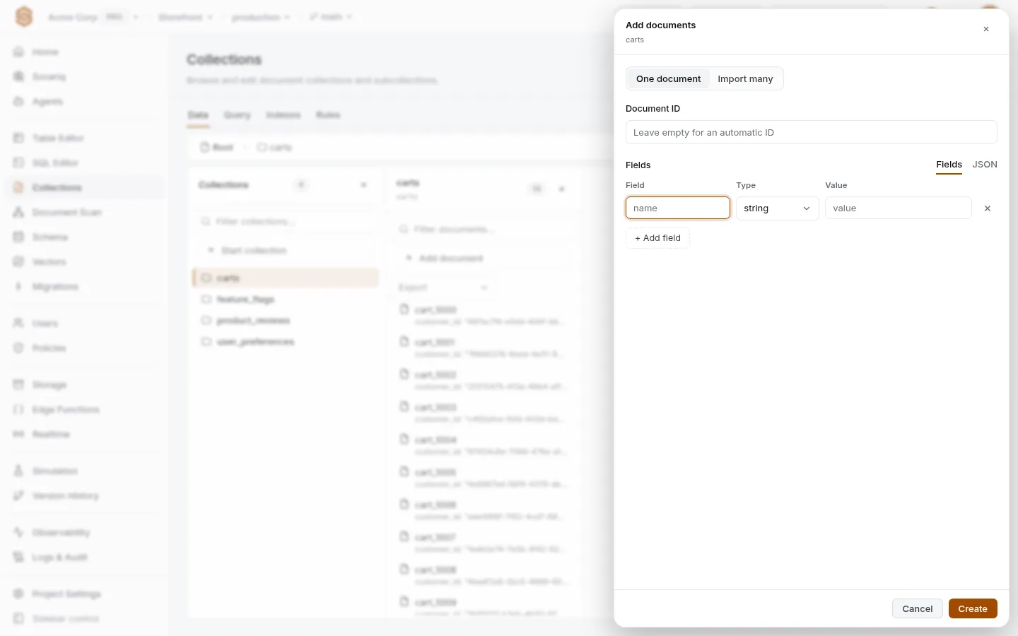 Add documents panel with one row per field: name, type and value, and Add field