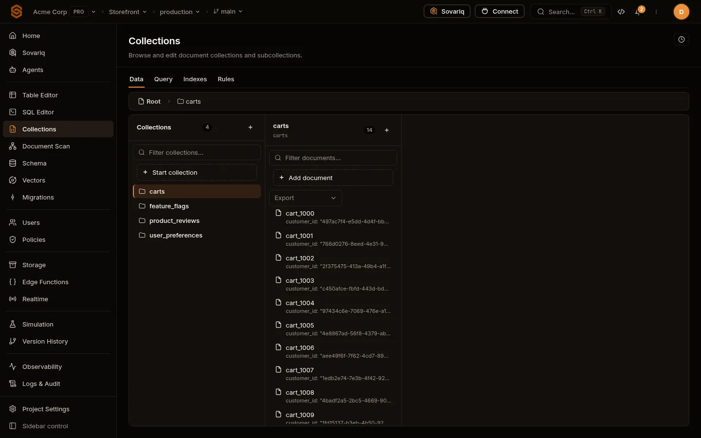 Collections browser: collections, documents and a document’s fields