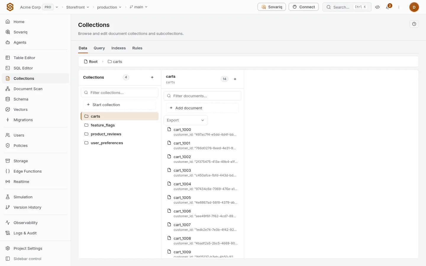 Collections browser: collections, documents and a document’s fields