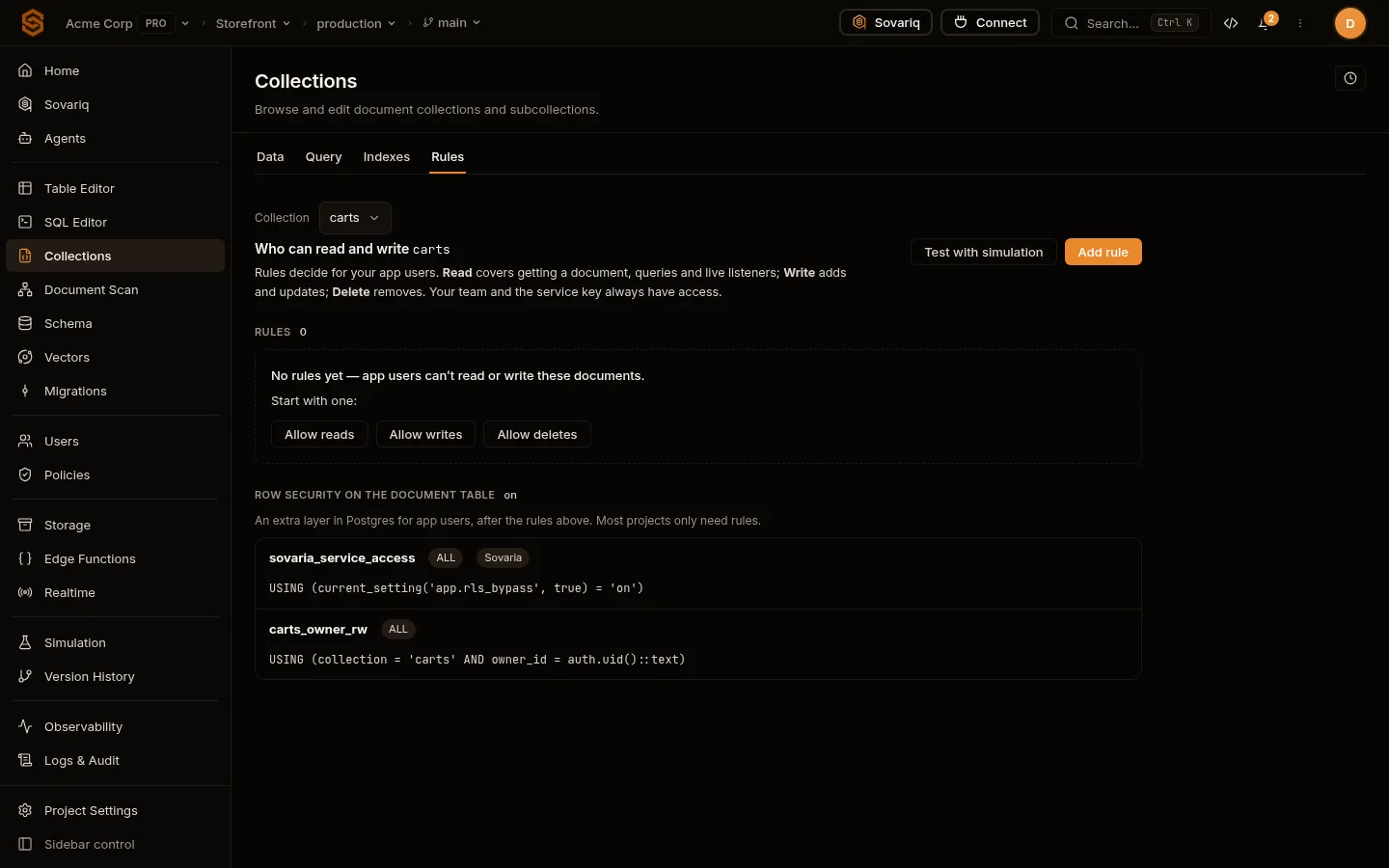 Rules tab: who can read and write the collection, with shortcuts to allow reads, writes or deletes