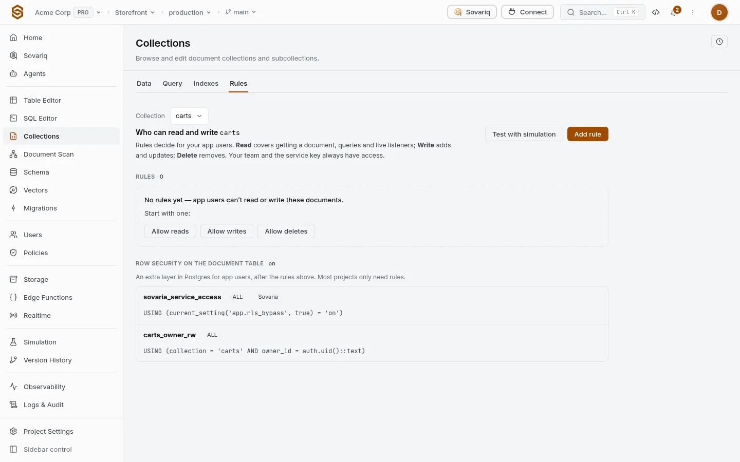 Rules tab: who can read and write the collection, with shortcuts to allow reads, writes or deletes