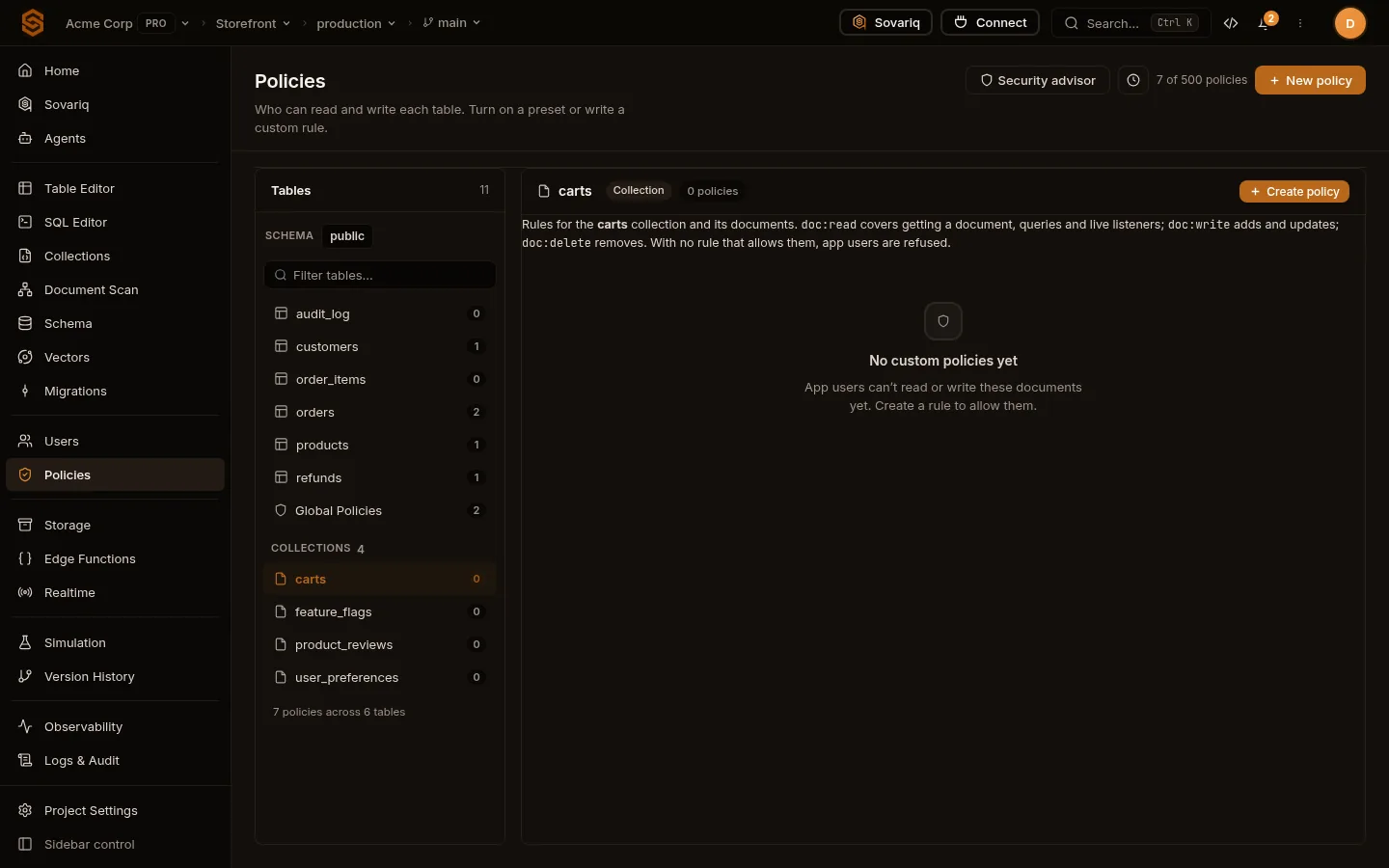 Policies page with a Collections group next to tables