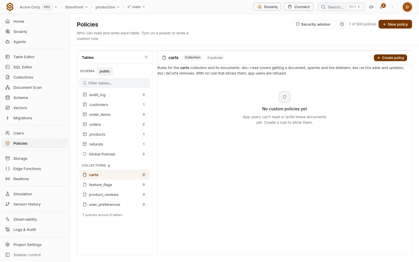 Policies page with a Collections group next to tables