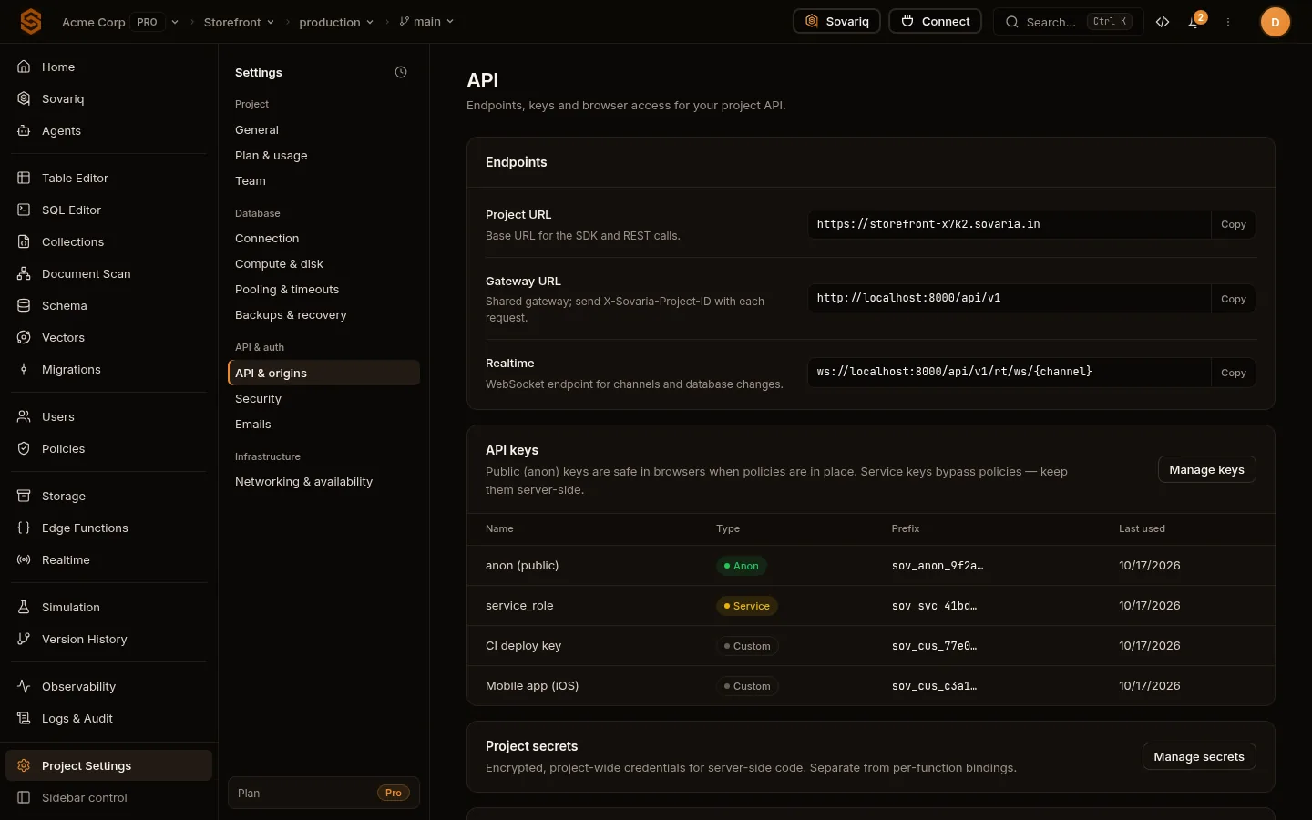 Endpoints, API keys, project secrets and allowed origins