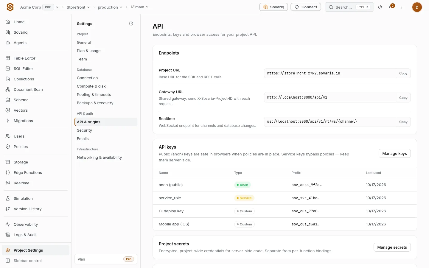 Endpoints, API keys, project secrets and allowed origins