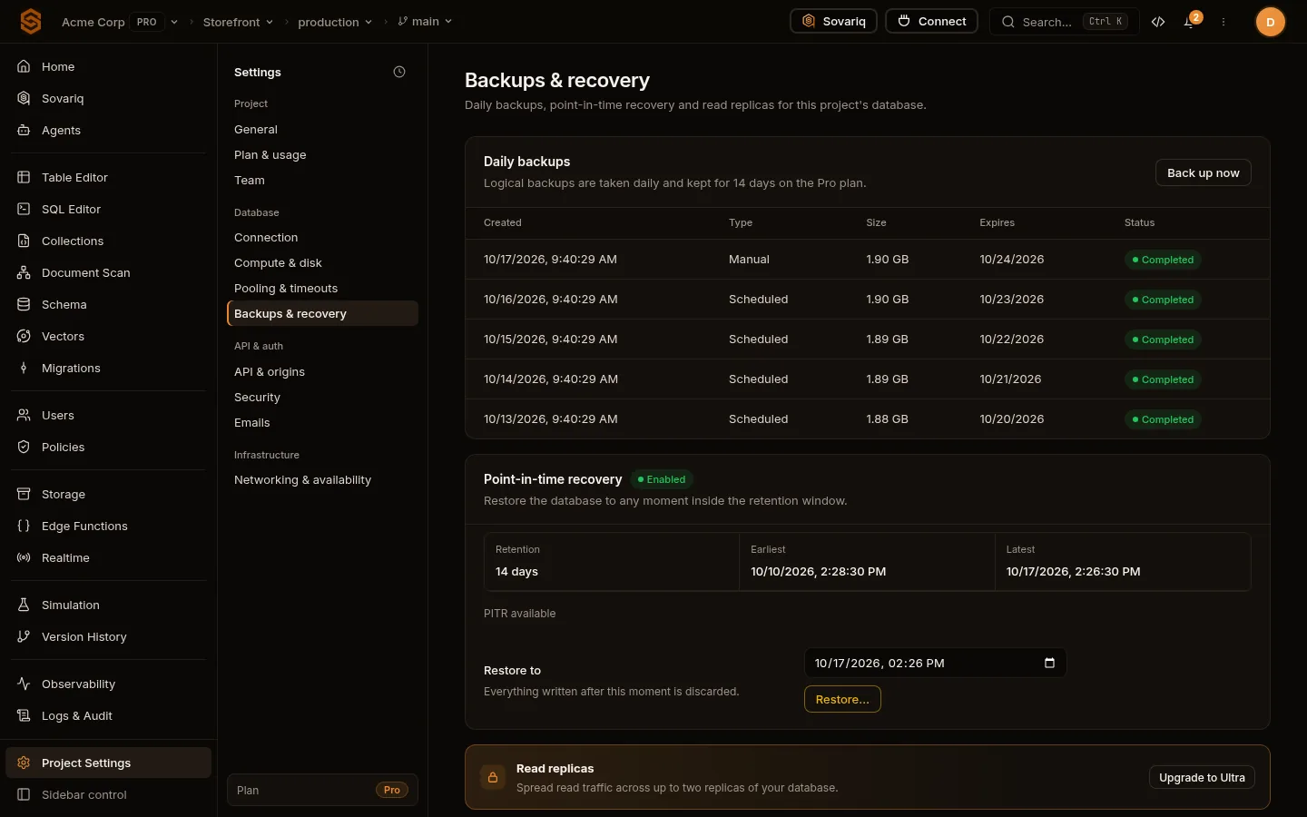 Daily backups list, point-in-time recovery and read replicas
