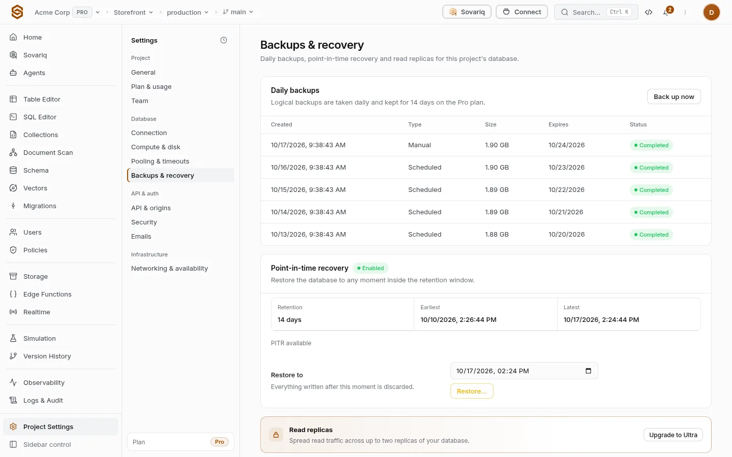 Daily backups list, point-in-time recovery and read replicas