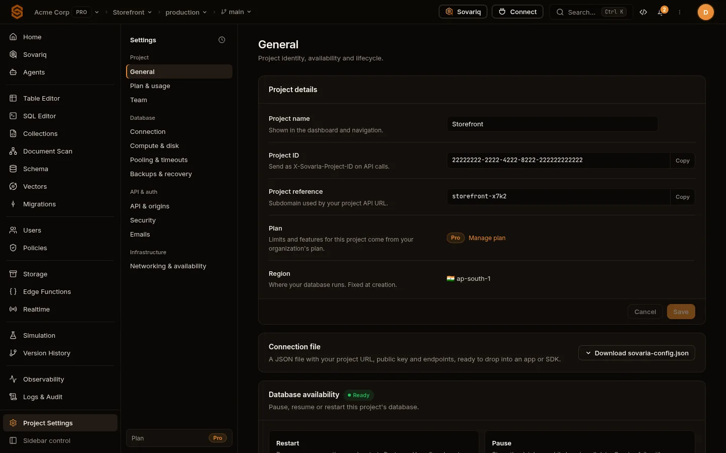 Project settings, General: project details, connection file, database availability and danger zone
