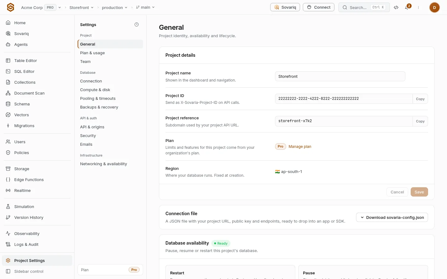 Project settings, General: project details, connection file, database availability and danger zone