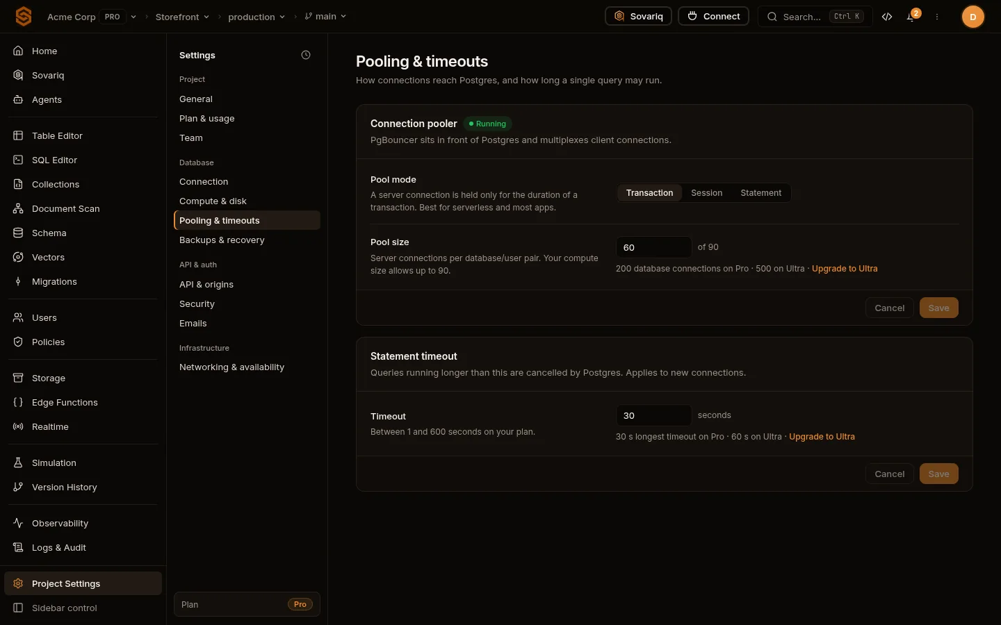 Pool mode, pool size and statement timeout settings