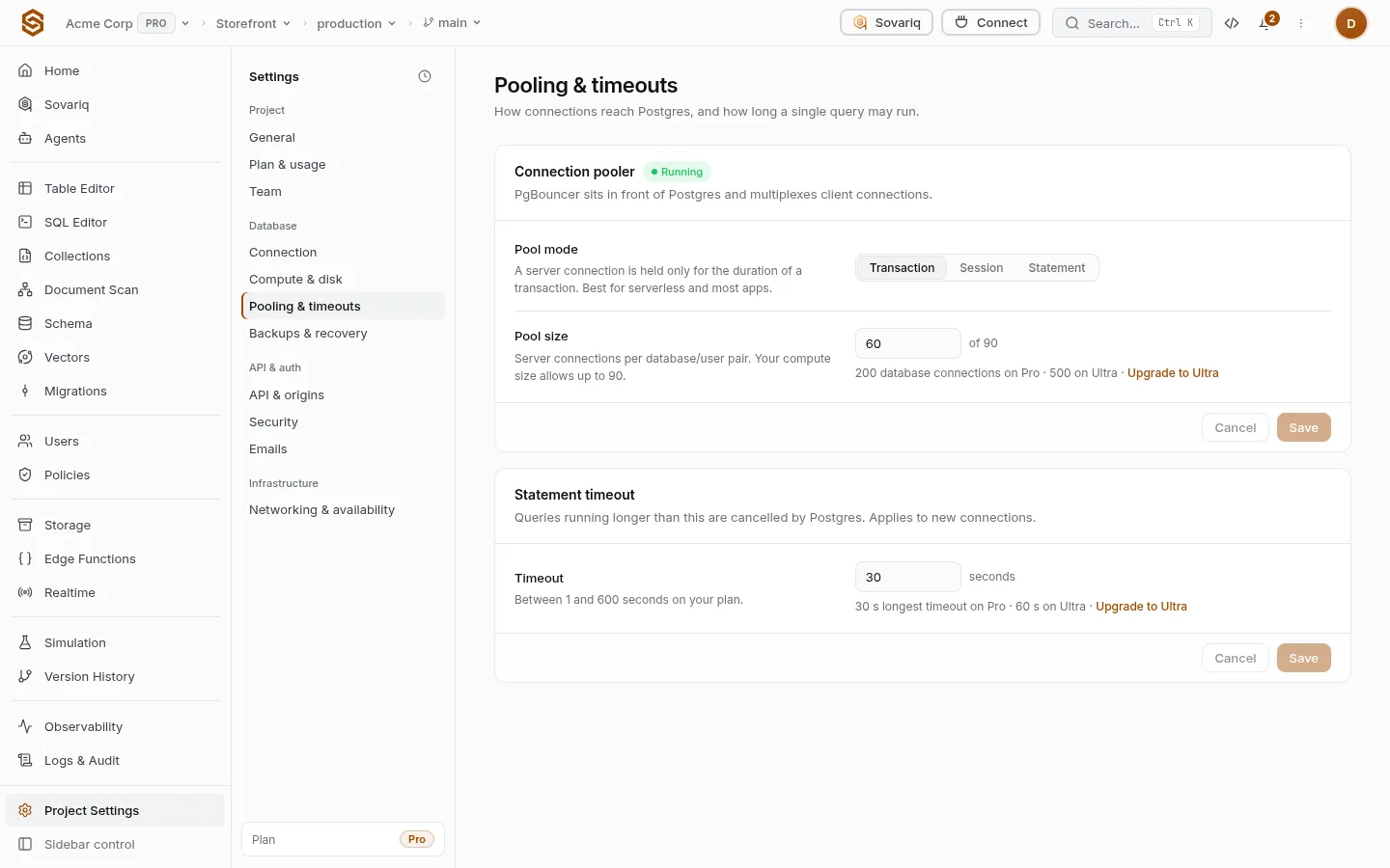 Pool mode, pool size and statement timeout settings