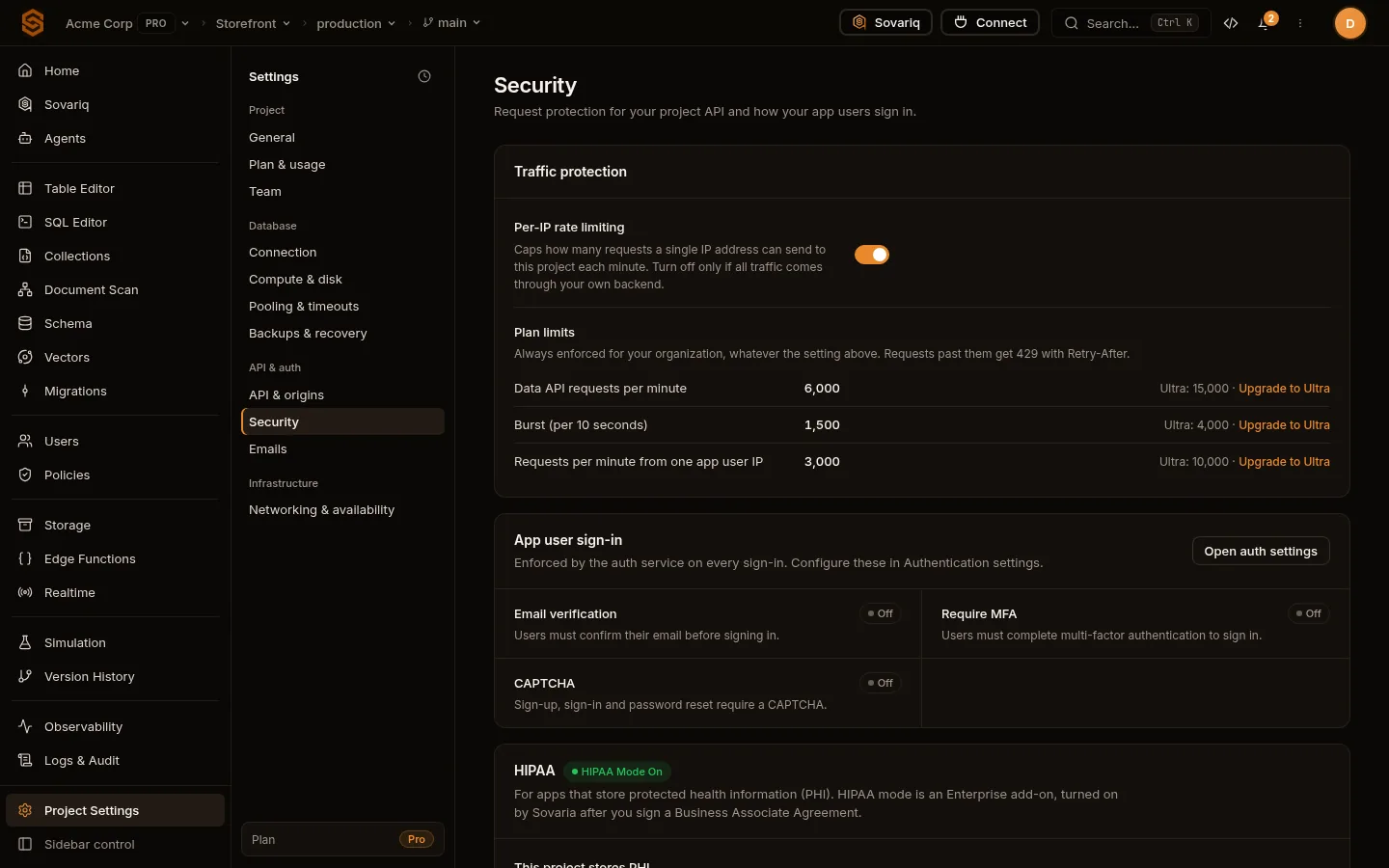 Traffic protection with plan limits, app user sign-in summary and built-in protections