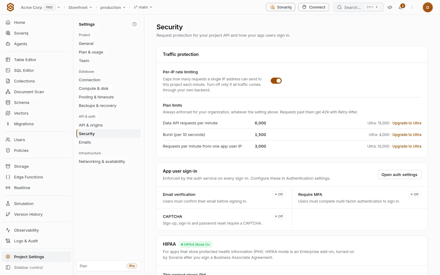 Traffic protection with plan limits, app user sign-in summary and built-in protections